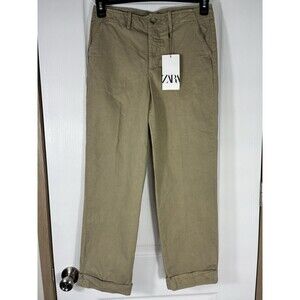 New ZARA Womens Pants sz 2 Khakis chino Button-fly Cuffed Cropped